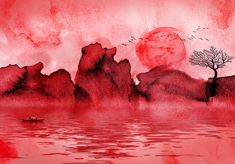 Alfombra vinílica roja paisaje en tinta china - TenVinilo