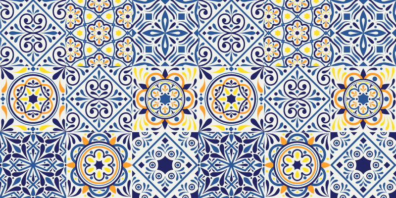 Alfombra vinílica azulejos azules florales - TenVinilo