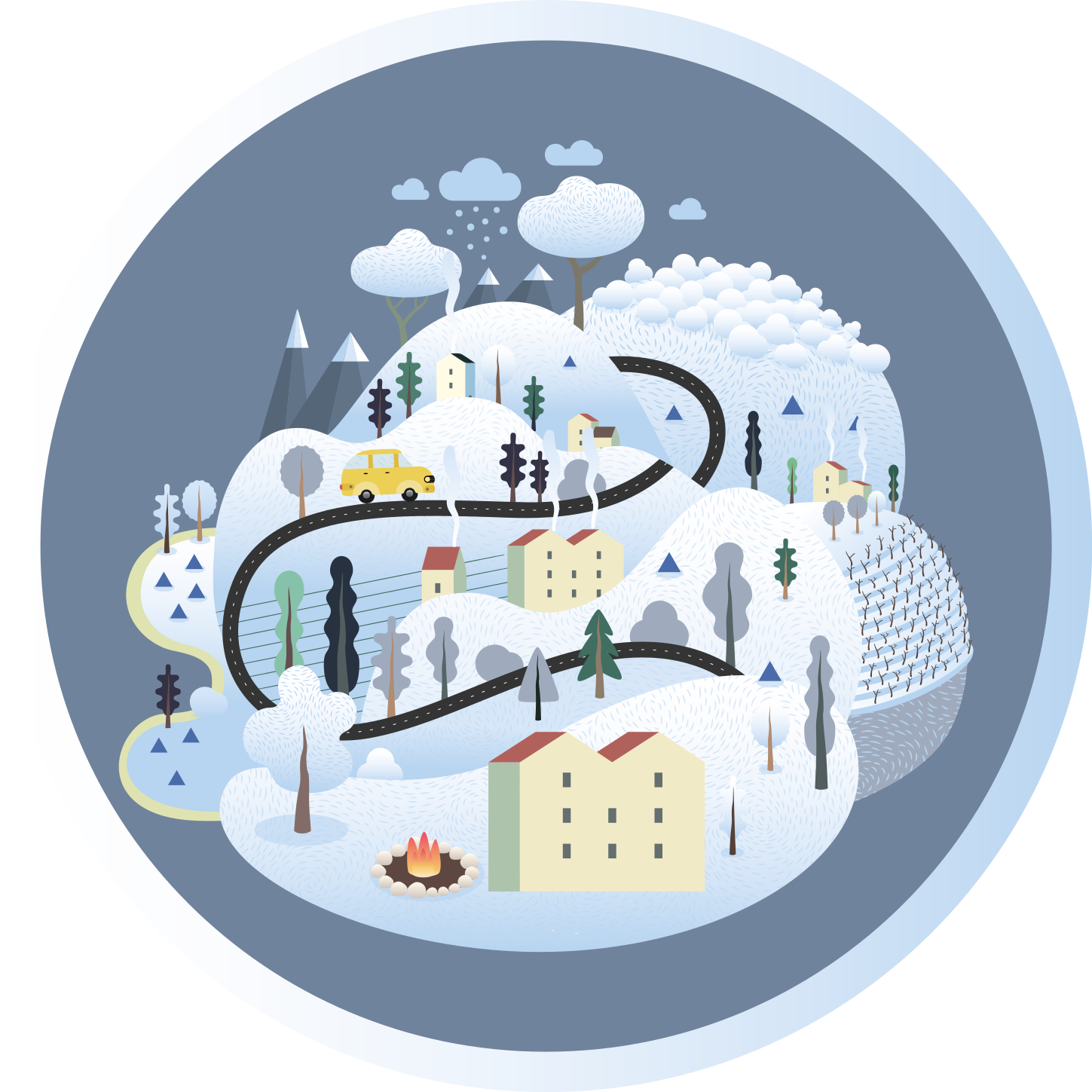 Alfombra vinílica carretera viaje por un paisaje caprichoso - TenVinilo