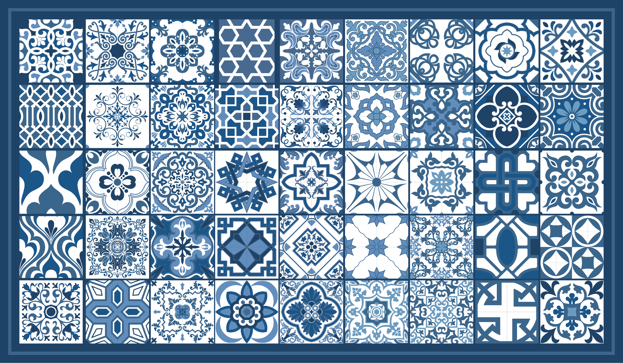 Alfombra vinílica cocina patrón mosaico azul y blanco - TenVinilo