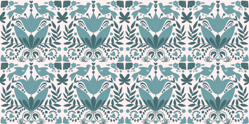 Alfombra vinílica flores arte popular azul con pájaros - TenVinilo