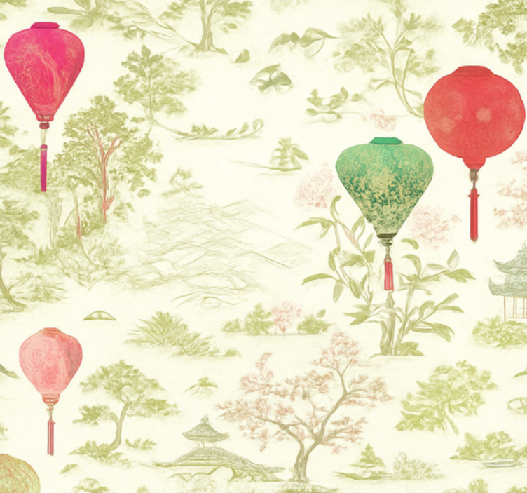 Papel tapiz recámara matrimonial paisaje chinoiserie - TenVinilo