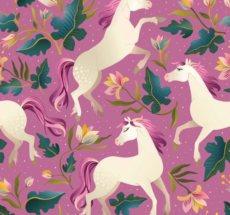 Papel tapiz caballos diseño floral de unicornio - TenVinilo