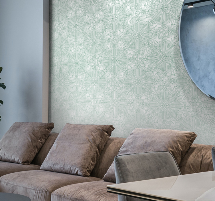 Papel tapiz recámara matrimonial patrón azteca bohemio verde - TenVinilo