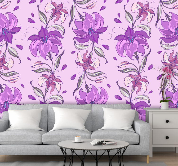 Papel pintado flores patrón lirios lilas - TenVinilo