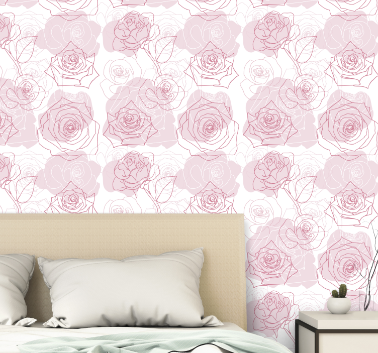 Papel pintado flores rosas sobre fondo blanco - TenVinilo