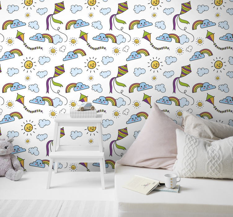 Papel pintado infantil con arcoiris y cometas - TenVinilo