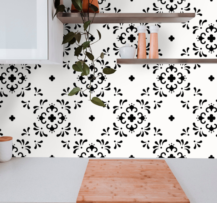 Papel pintado flores Cuadrados de flores de esmalte negro - TenVinilo