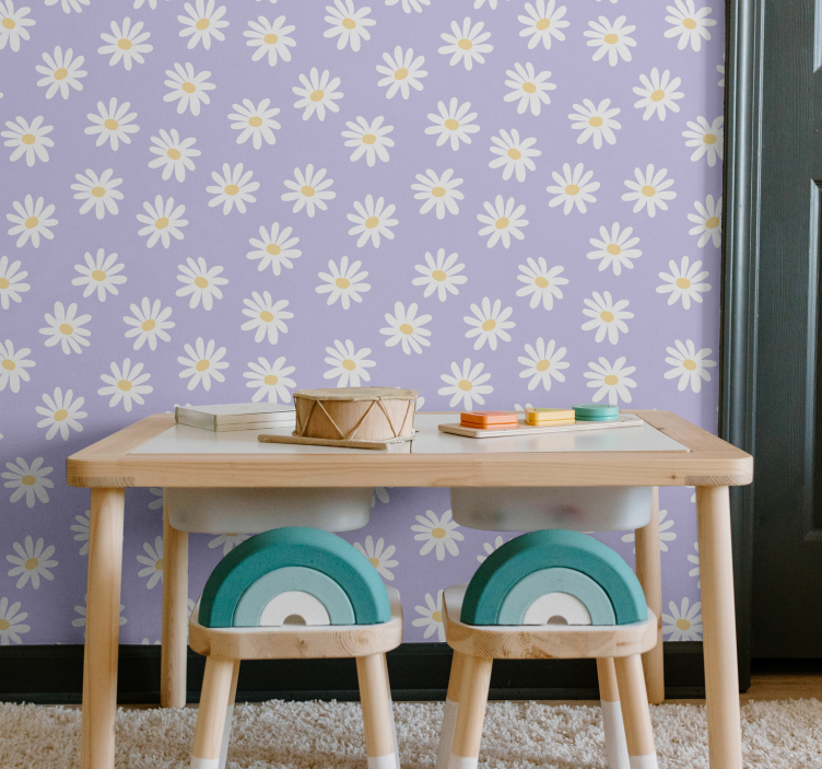 Papel pintado bebé flores blancas simples en lila - TenVinilo