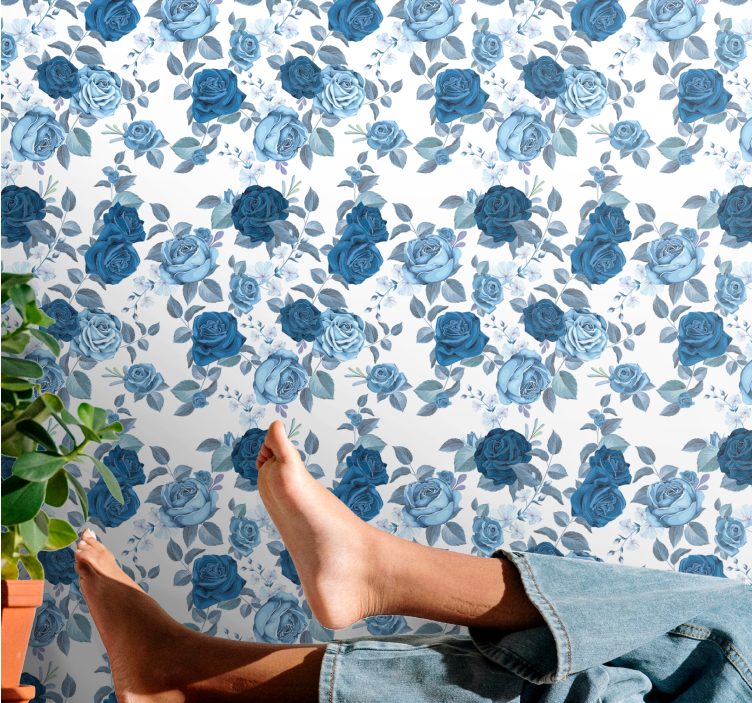 Papel pintado flores Patrón azul y salvaje - TenVinilo