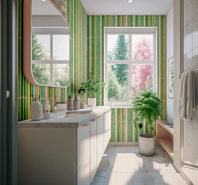 Papel pintado baño verde patrón bambú - TenVinilo