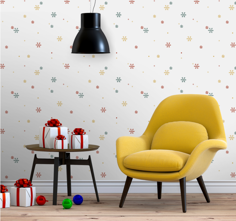 Papel pintado navidad Copos de nieve rojos, verdes y amarillos - TenVinilo