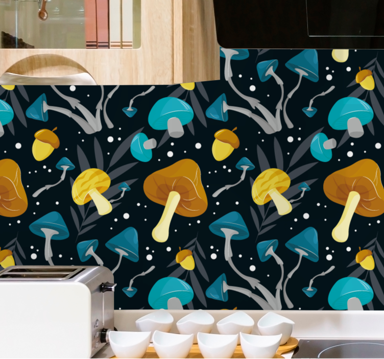 Papel pintado cocina Patrón de seta azul y amarillo - TenVinilo