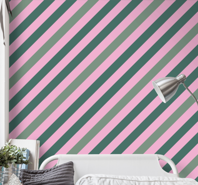 Papel pintado salón Rayas diagonales rosa y verde - TenVinilo