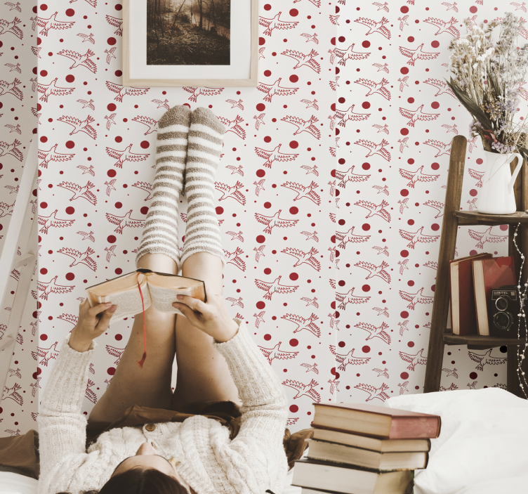 Papel tapiz animales pájaros y puntos - TenVinilo