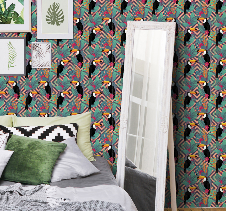 Papel tapiz animales tucanes entre hojas - TenVinilo