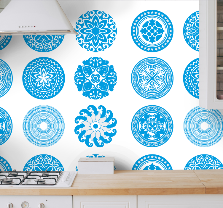 Papel tapiz cocina diseños circulares azules - TenVinilo