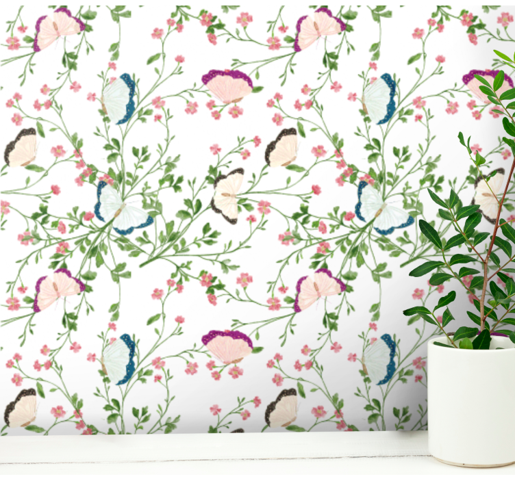 Papel tapiz floral mariposa botánica - TenVinilo