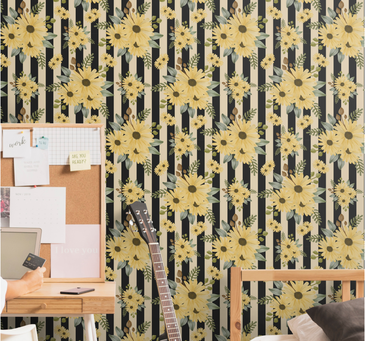 Papel tapiz floral patrón de girasol rayado - TenVinilo