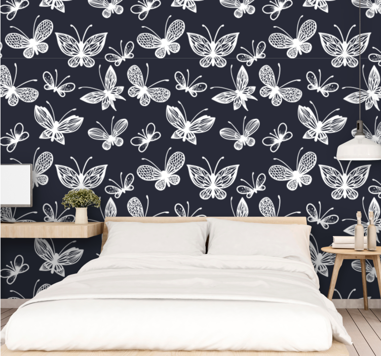 Papel tapiz mariposas patrón de mariposa blanca y azul profundo - TenVinilo