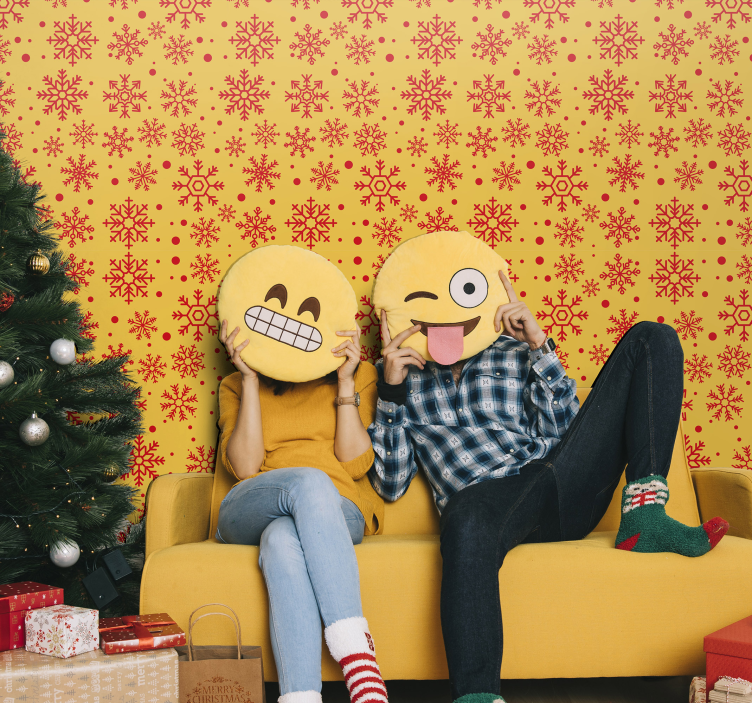 Papel tapiz navidad copos rojos sobre fondo amarillo - TenVinilo