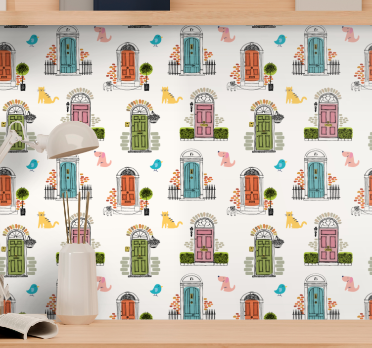 Papel pintado moderno Símbolos de animales y edificios. - TenVinilo